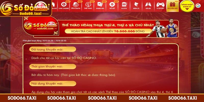 Hoàn Thua Thể Thao SODO66 – Khuyến Mãi Hấp Dẫn Cho Cược Thủ Thời gian triển khai khuyến mãi hoàn thua thể thao